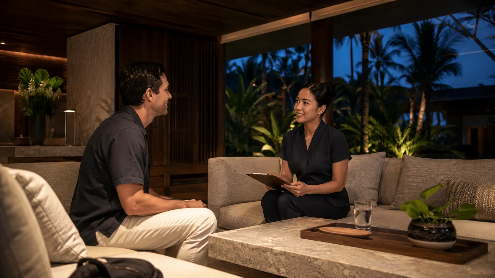 Young Indonesian clinician meeting a patient in a calm Bali medical lounge