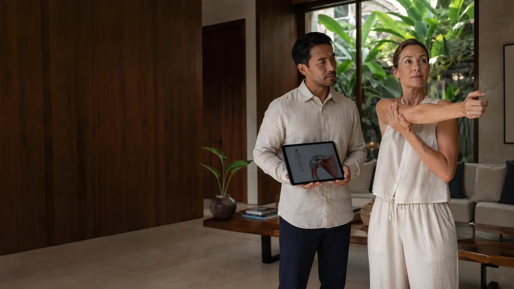 Movement assessment with a clinician in a calm Bali interior